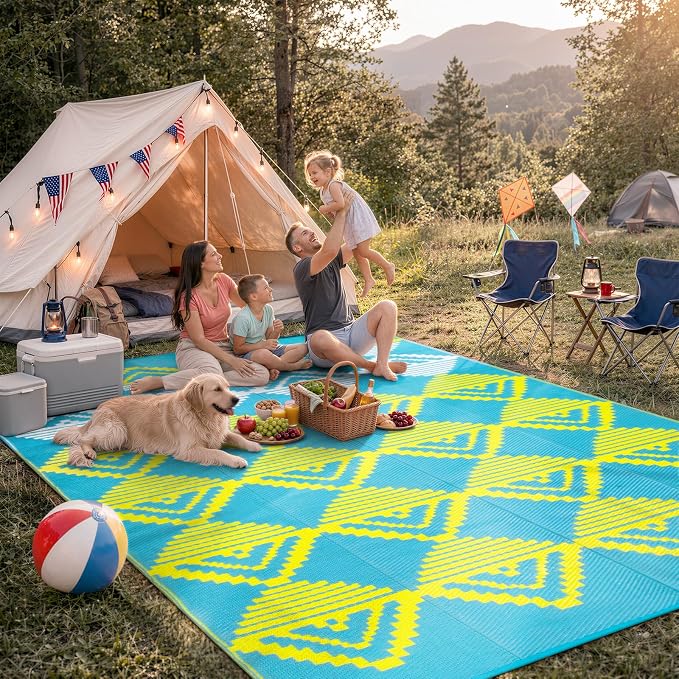 Beeiva Outdoor Rug 8x10 Waterproof for Patio, Reversible Outdoor Patio Rug for Backyard, Deck, Blue Yellow