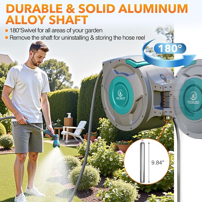 5/8" x 100 ft Retractable Garden Hose Reel, Heavy Duty Water Hose Reel Wall Mounted, Any Length Lock, 180°Swivel, Retractable Hose with 10-Function Nozzle for Cleaning, Watering (Green)