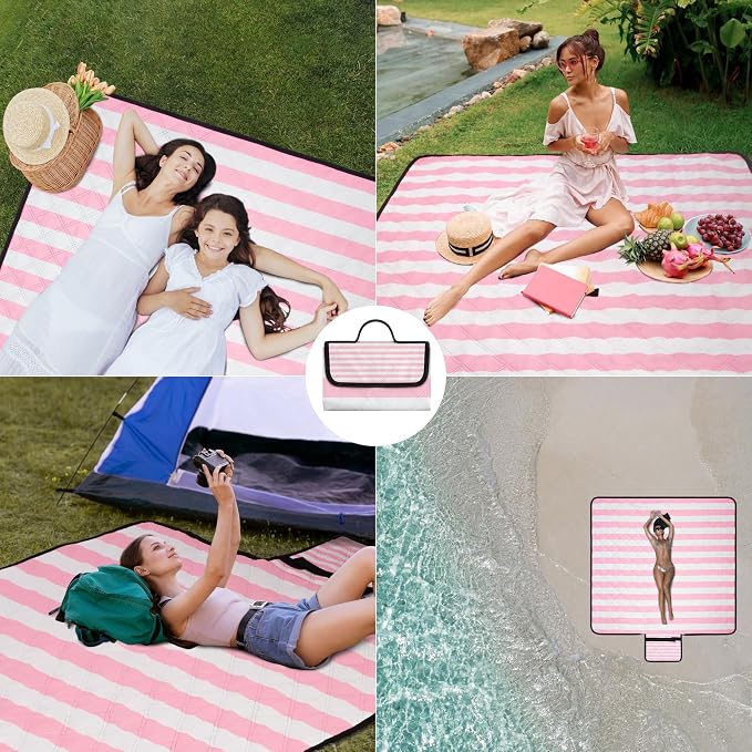Waterproof Picnic Blankets,79''x79'' Extra Large Foldable Sandproof Beach Blanket,Portable 3-Layer Polyester Outdoor Picnic Blanket for Grass Lawn,Beach,Family Camping,Park,Travel-Pink Stripe