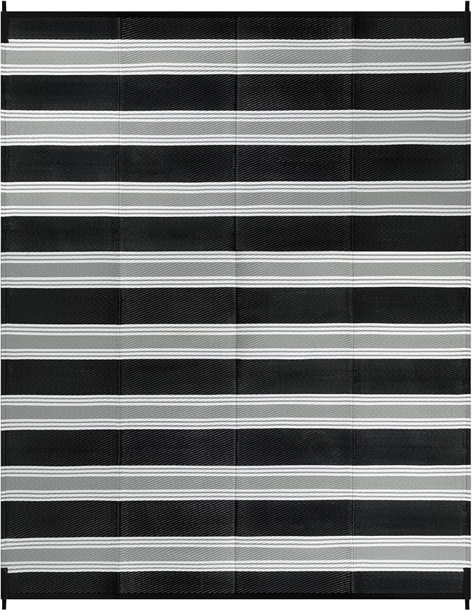 Lahome Striped Outdoor Rug Waterproof, 6x9 Reversible Outdoor Plastic Straw Rug for Camping, RV Patio Rugs Large Carpet for Porch Deck Backyard Balcony Picnic(Black/Grey,6'x 9')