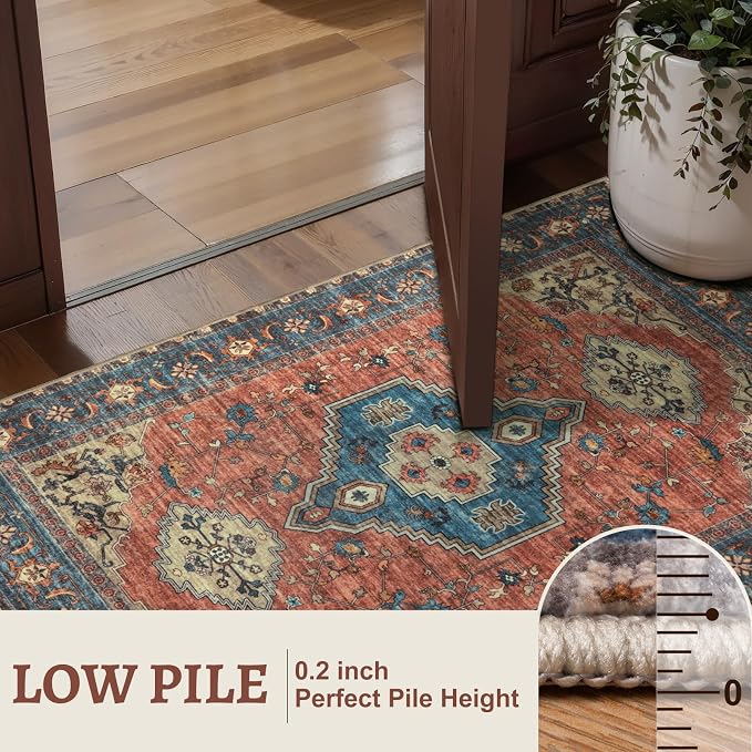 Tangsoo Oriental 3x5 Washable Area Rugs, Vintage Non Slip Accent Rug | Boho Indoor Print Distressed Carpet, Soft Low Pile Rug for Living Room Dining Bedroom Bedside Entryway Terracotta Blue