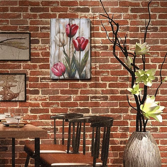 Metal Sign Tin Sign Vintage Wall Art Rustic Tulips Tin Sign for Vintage Style Gardens Shabby Chic Decor and Distressed Wood Panels Tin Sign Gift for Pub 8×12 Inches