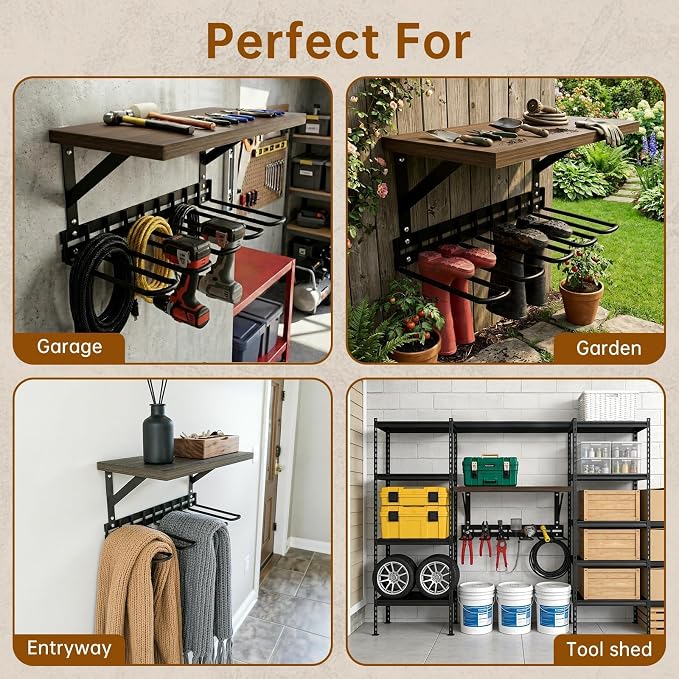Decoroca Wall Mount Boot Rack, Garden Tool Organizer With 5 Curved Hooks & Wood Shelf, Heavy Duty Wader Boot Hangers Organizer Rack Trays for Outdoor/Indoor, Garden, Garage