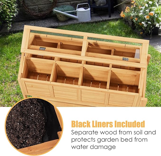 Raised Garden Beds on Wheels with Legs and Cover Elevated Garden Bed Herb Planter Box Cart Outdoor with Bed Liner,Storage Shelf,Seed Starter Tray for Backyard Patio Outside (Country Rustic)