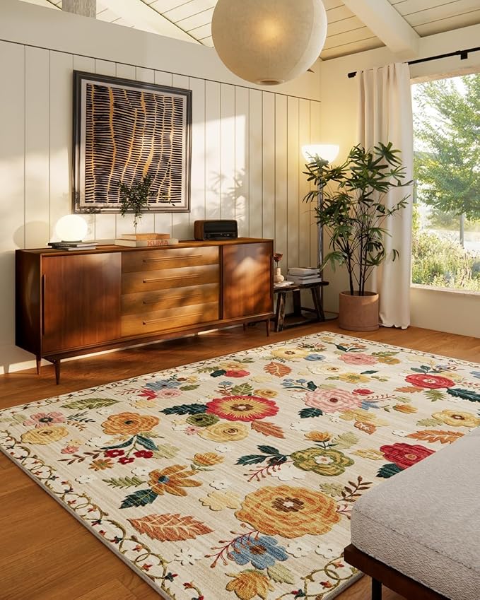 8x10 Area Rugs for Living Room: Washable Rug Non Slip Low Pile Soft Faux Wool Non Shedding Distressed Vintage Floral Large Area Rugs for Bedroom Dining Room Nursery Under Table Farmhouse Home Office