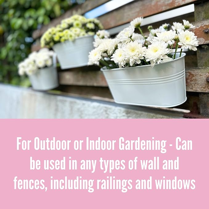 LaLaGreen Rail Planter Outdoor Plants (11.8 Inch, 8 Pack) White Metal Iron Hanging Flower Pots Deck Railings Fence Buckets Modern Countryside Boho Style Wall Mount Window Box Holder Hooks Porch Decor