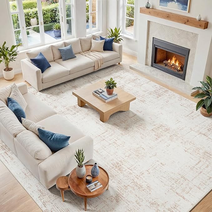 10x14 Area Rug for Living Room Bedroom: Non-Slip Modern Beige White | Machine Washable TPR Backing, Stain-Resistant Low Pile, Pet & Kid Friendly, Abstract Decor for Dining Room, Dorm, Home Office
