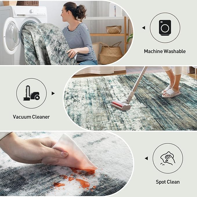 9x12 Area Rugs for Living Room: Washable Abstract Teal Green Badroom Carpet | Non-slip TPE backing makes this washable soft low-pile rug safe & durable, Pet-friendly decor for dining room,nursery,office