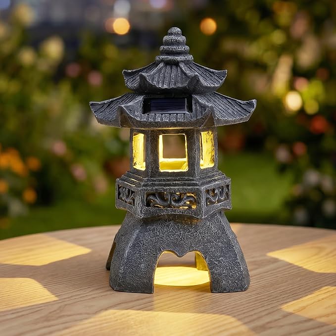 Solar Zen Garden Statue, Pagoda Lantern with 3 Solar Panels, Outdoor Decor for Landscape Patio, Balcony and Yard, Gift for Women Mom and Gramma
