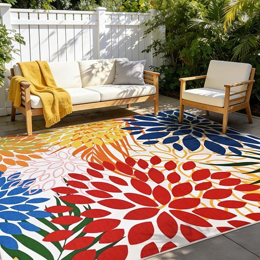 Yinhua Dahlia Floral Outdoor Rug 5x7 Colorful Indoor Outdoor Rugs Washable Patio Rug Non Slip Large Flower Area Rug Low Pile Outdoor Carpet for Patio, Deck, Porch, Balcony, Camping, Red and Blue