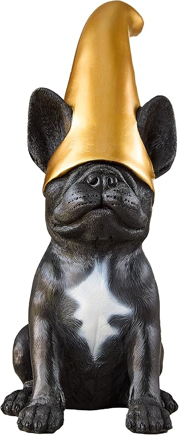 Frenchie Gnome - Black Frenchie Statue with Gold Hat | Doodle Gnome Cute French Bulldog Decor Garden Gnome