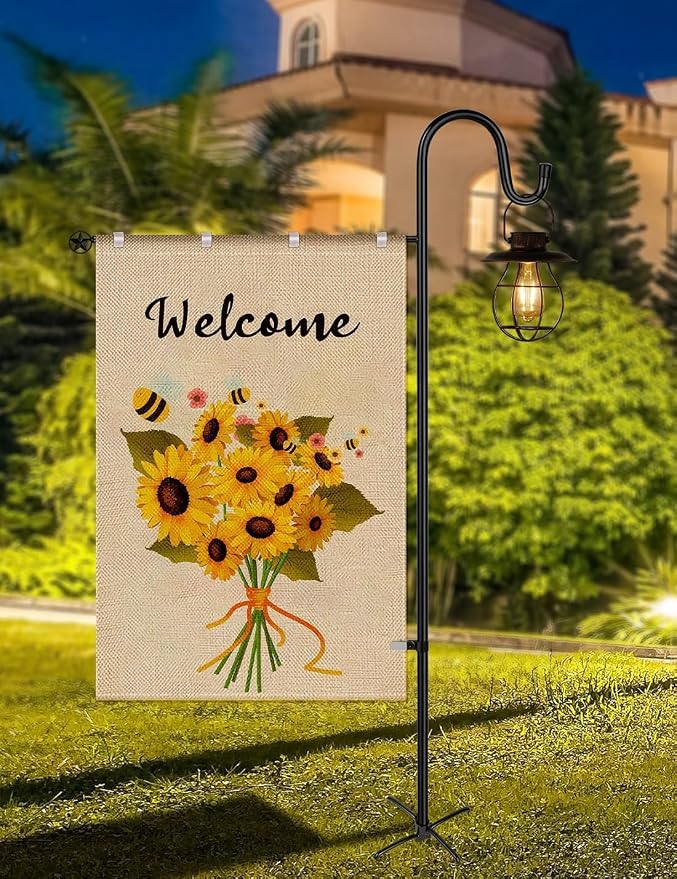 LOPANNY Large Garden Flag Holder Stand Pole for 28 x 40 Flags with Shepherds Hooks for Outdoor - 2 Pack Upgraded Sturdy 60In Yard Flag Post Stake for Outdoor Decor(without Solar Lights & Flag)