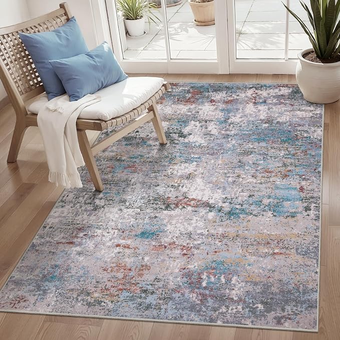 Tangsoo Abstract 3x5 Washable Area Rug, Modern Non Slip Indoor Accent Rugs | Contemporary Print 3x5 Carpet, Soft Low Pile Foldable Rugs for Living Room Dorm Bedroom Bedside Entryway Blue Grey Home Decor