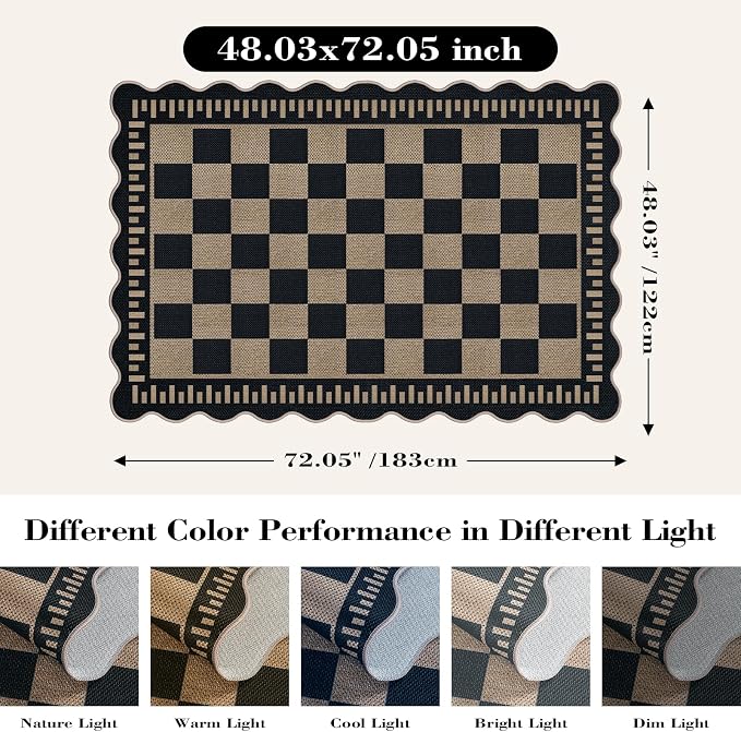 Checkered Easy Jute 4x6 Outdoor Patio Rug, Washable Indoor Outdoor Black Kitchen Rugs Farmhouse Neutral Non Slip Area Rug for Living Room Backyard Bedroom