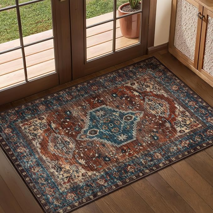 Tangsoo Oriental 2x3 Washable Rugs for Entryway, Non Slip Small Area Rug | Vintage Indoor Front Door Rug, Boho Print Door Mat Soft Low Pile Throw Rugs for Entrance Entry Kitchen Bedroom Bathroom