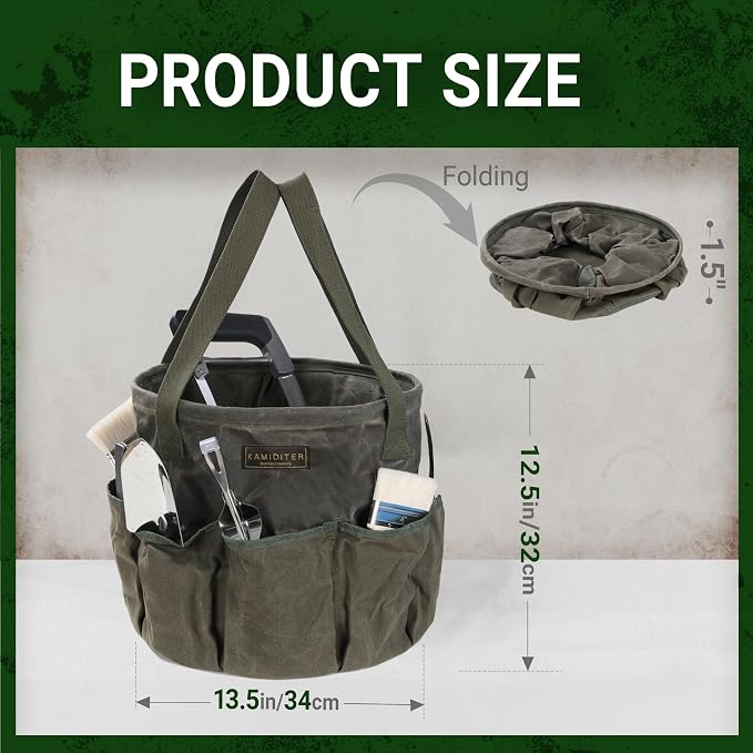 Heavy Duty Self-Standing Tool Bag with 8 Pockets, 8-Gallon Manually Collapsible for Garden/Camping/Car Trunk Storage | ArmyGreen