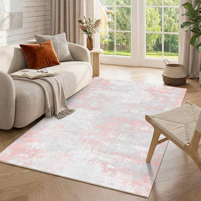 Latte&Fog Pink 4x6 Area Rug for Entryway, Modern Abstract Cute Small Rugs | for Girls Bedroom Dining Kitchen Kids Playroom Nursery Classroom Dorm Farmhouse Office, Non Slip Low Pile Soft Floral Carpet
