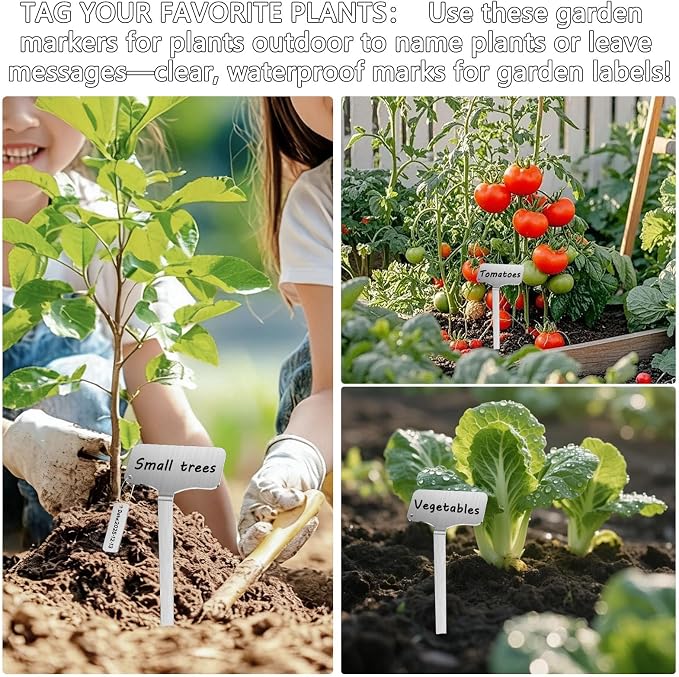 304 Stainless Steel Plant Markers, 50 Waterproof Metal Plant Label Stakes with 50 Tag Buckles & 2 Marker Pen, 12.75" Garden Markers for Outdoor Indoor Plants Identification.