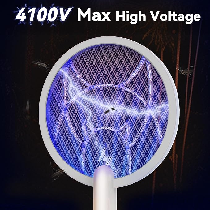 Nymrix Electric Fly Swatter Racket, 2 in 1 Mosquito Bug Zapper 4100V Max Handheld Mosquito Killer with 1800 mAh Rechargeable Battery, Purple Light and 3-Layer Safety Mesh for Indoor Outdoor Grey