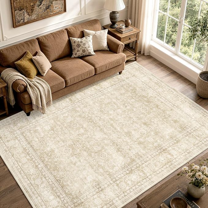 4x6 Ft Area Rugs for Living Room, Soft Non-Slip Machine Washable Rug, Vintage Stain Resistant Carpets for Bedroom Nursery Dining Room Home Decor (Beige)