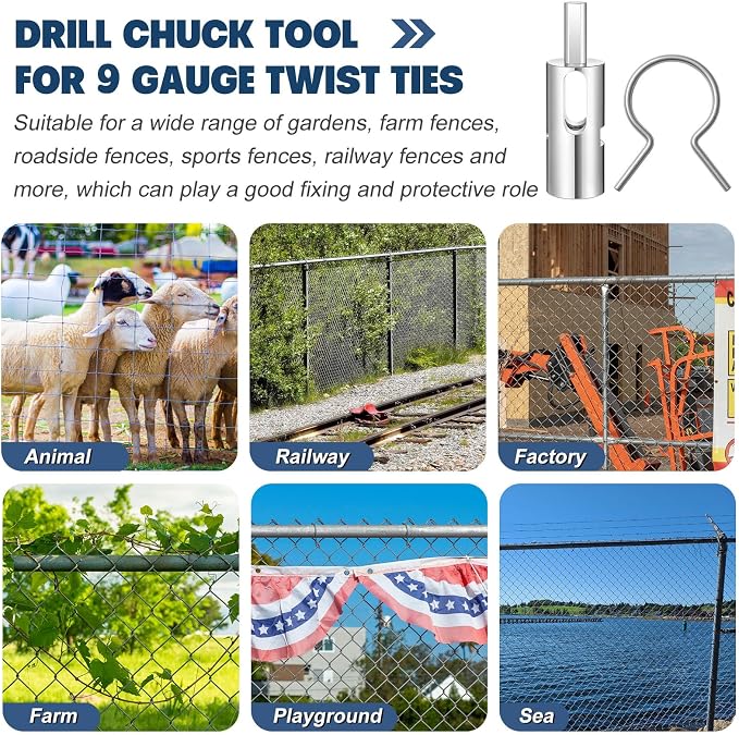 Twist Ties Tool for 9 Gauge Drill Chuck and 100 Pcs Chain Link Fence Ties 2 1/2" (2 3/8" OD) Galvanized Steel Fence Tie 9 Gauge for Garden Farm Fixing T-Posts Tools