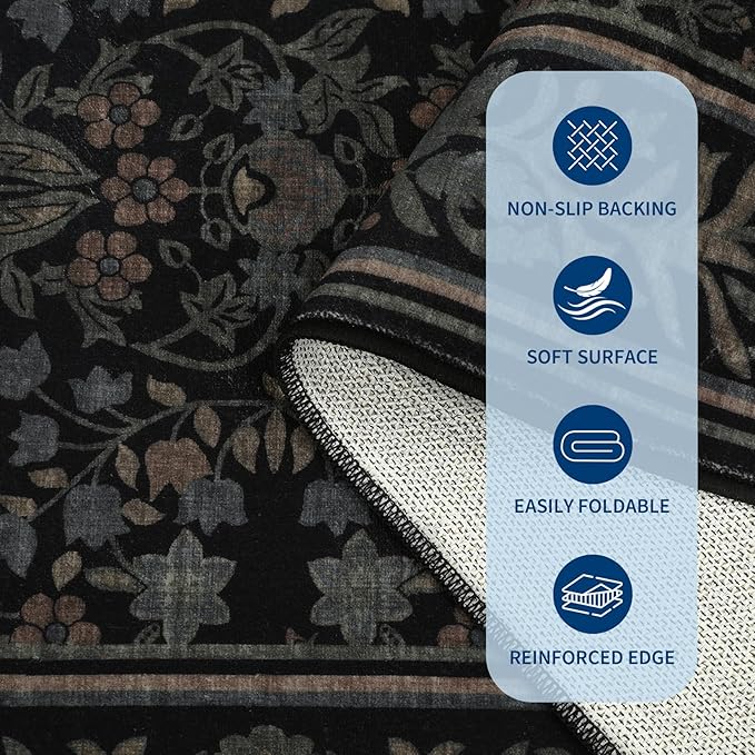 GarveeHome 6x9 Area Rugs for Living Room: Washable Bedroom Rug Black | Boho Vintage Non Slip Soft Low Pile Stain Resistant Indoor Carpet for Farmhouse Dining Room Nursery Home Office