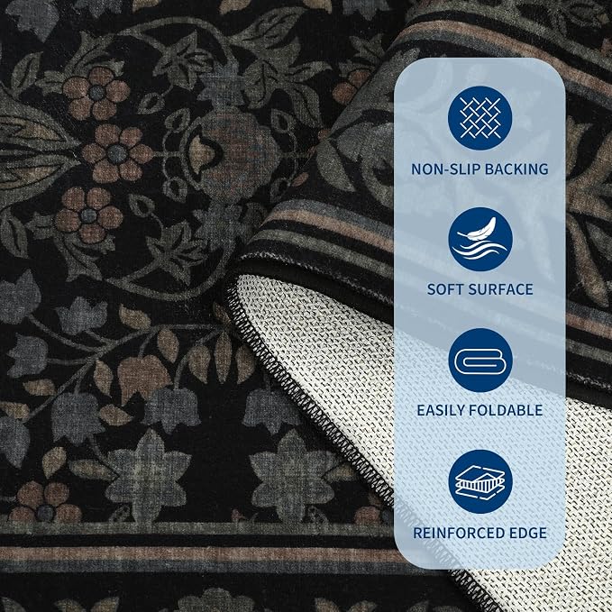 GarveeHome Washable 2.5x8 Hallway Runner Rug Non Slip Kitchen Rugs, Black | Boho Vintage Runner Rugs with Rubber Backing Soft Low-Pile Stain Resistant Indoor Long Carpet for Entryway Bedroom Laundry