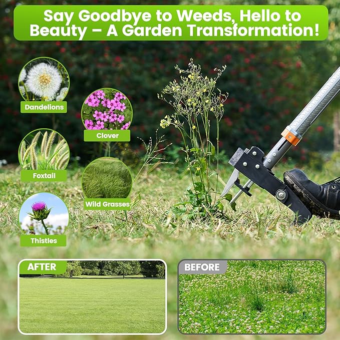 GASREKV Weed Puller Tool, 4-Claw Steel Head Stand Up Weeder, 39"-46" Adjustable Handle & Easy Eject, Root Weed Remover for Dandelion, Thistle & Crabgrass, No Bending