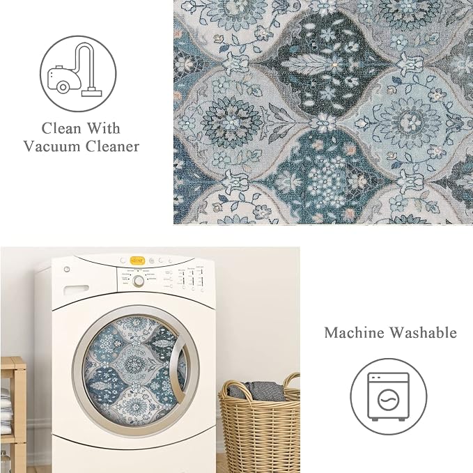 Lahome Moroccan Trellis Front Door Mat Indoor Entrance, 2x3 Rugs for Entryway Non-Slip Washable Indoor Door Mat, Oriental Accent Small Rug for Kitchen Bedroom Bathroom Elise, Blue