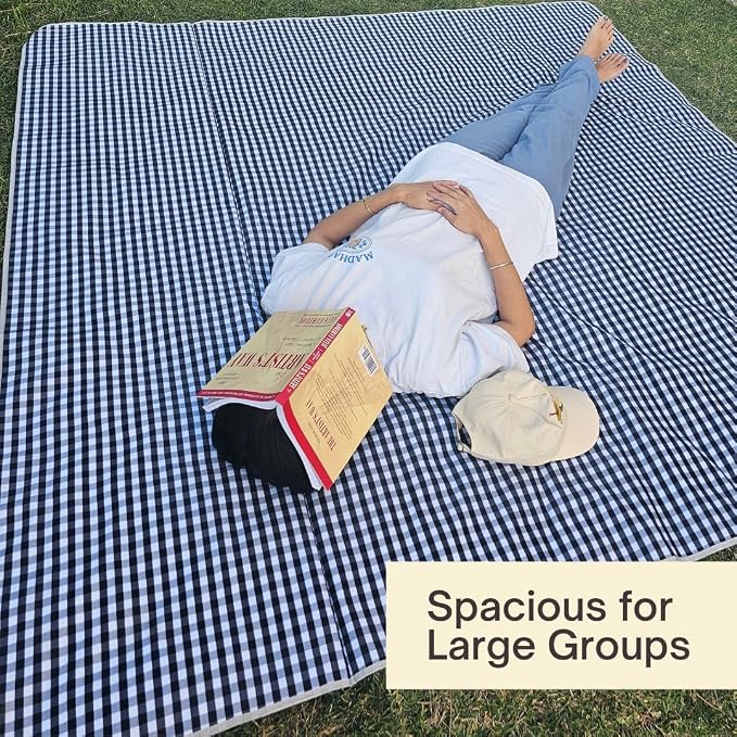 Cute Gingham Picnic Blanket, Waterproof Foldable, in Large 80x60in and Extra Large 80x80in, Portable Compact Beach Blanket, Oversized XL Outdoor Mat (Black, X-Large)