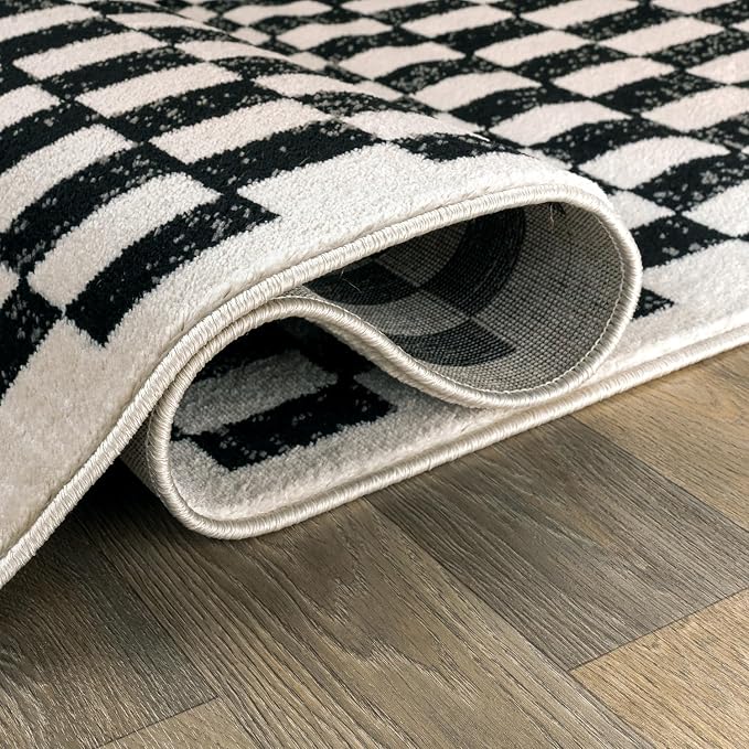 Rugshop Contemporary Checkered Grid Contrast Area Rug Soft Black 5' x 7' | Rectangular, Size 5' x 7', Living Room, Bedroom, Dining Room, Home Office, Kitchen, Entryway, Hallway, Nursery, Kids Room