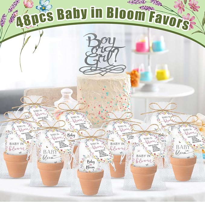 Reallnaive Baby Shower Party Favors Baby in Bloom Envelopes Seed Packets Include 96 Mini Terracotta Pots Seed Packets 96 Self Adhesive Envelopes Thank You Tags for Party(96 Pcs, Wildflower)