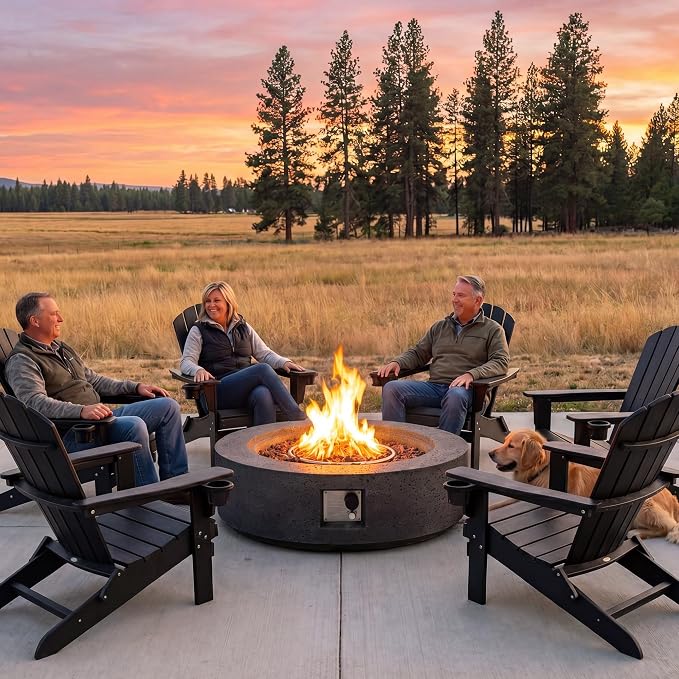 COSIEST 42 inch Outdoor Propane Fire Pit Coffee Table w Concrete Round Base Patio Heater, 50,000 BTU Stainless Steel Burner, Free Lava Rocks, Rain Cover, Gray