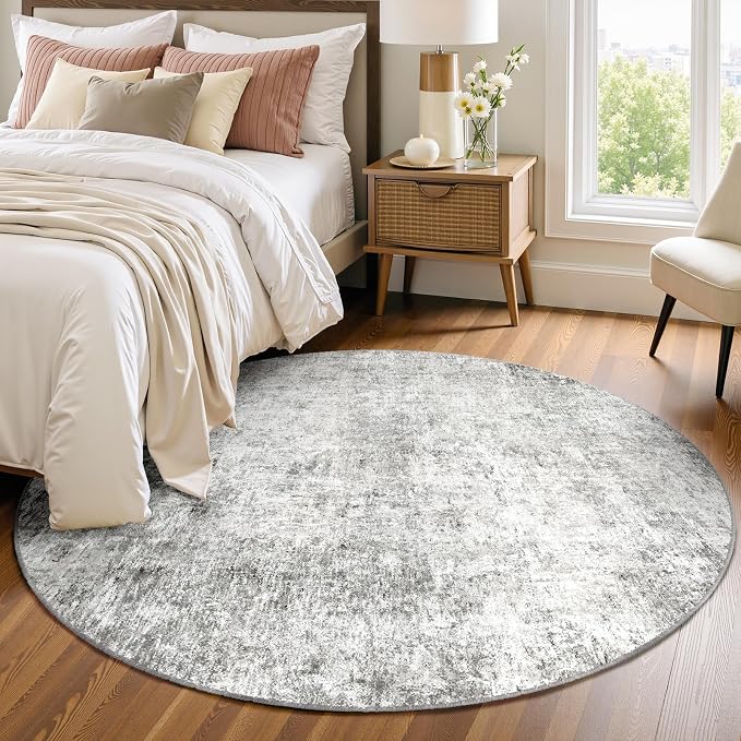 RELEANY Washable Round 6ft Area Rug for Living Room Gray White | Carpet for Bedroom, Kitchen, Office, Hallway and Entryway, Printed Pattern, Non‑Slip, Soft, Stain‑Resistant, Easy to Clean