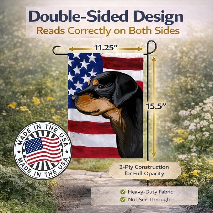 Caroline's Treasures CK6714GF Smaland Hound Dog American Flag Garden Flag Mailbox Flag Decorative Yard Flag Banner Outside Patio Artwork Yard Flower Beds, Garden Size, Multicolor