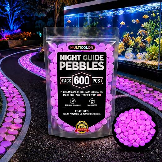 Glow in the Dark Rocks Outdoors, Decorative Night Guide Pebbles for Landscaping & Garden Pathway, Colored Glow Stonesfor Fish Tank, Aquarium Decor & Planters, Luminous Stones for Vases (600, Purple)