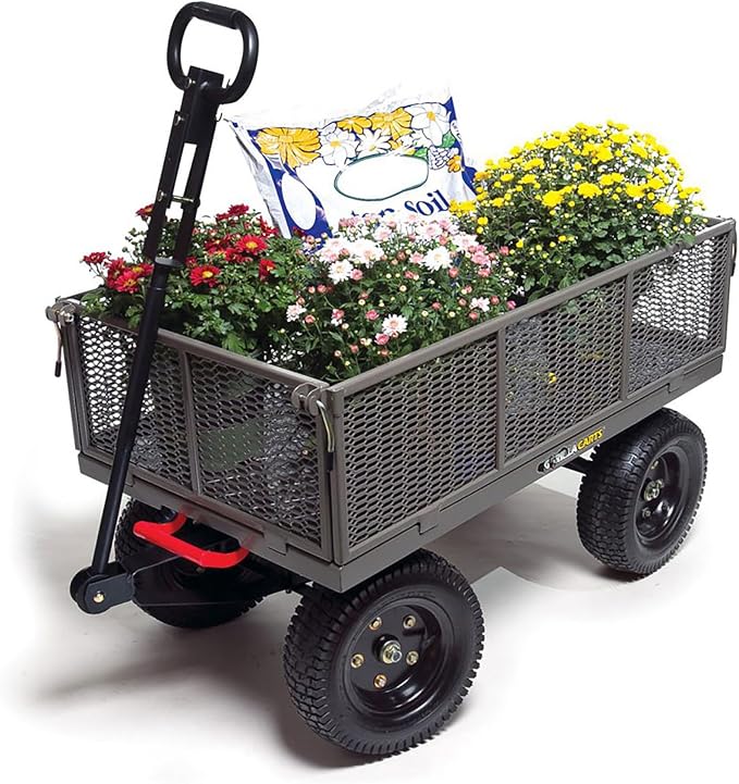 Gorilla Carts Steel Dump Cart, 5 Cu Ft Bed, 1200 lb Load Capacity, Gray – Towable Heavy-Duty Outdoor Utility Wagon with Removable Side Panels for Yard, Lawn, Garden or Landscaping