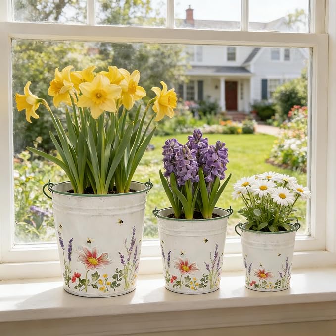 3-Piece Floral Metal Planter Bucket Set - Rustic Lavender Decorative Flower Pots for Succulents, Herbs & Indoor/Outdoor Garden, Flower Arranging, Wedding Party Home Decor Accents
