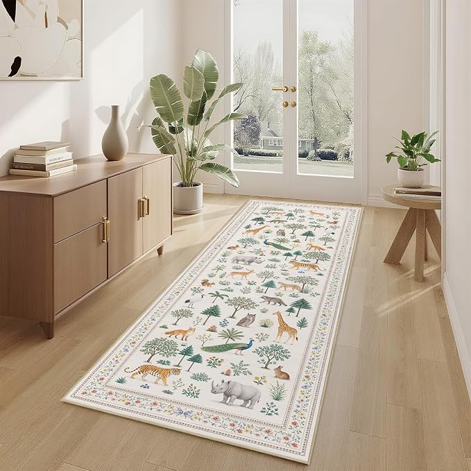 Jungle Animal Runner Rug 2x6 for Hallway Kitchen Bedroom Neutral Beige Wild Animal Forest Runner Rugs Machine Washable Non-Slip Print Low Pile Long Floor Carpet for Nursery Entryway Playroom Bathroom
