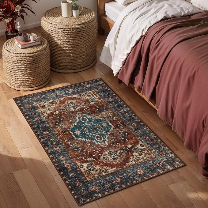 Tangsoo Vintage 2x4 Runner Washable Rugs for Entryway, Non Slip Small Rug | Oriental Indoor Front Door Print Rug, Boho Small Carpet Soft Low Pile Rugs for Entrance Entry Kitchen Bathroom Rust/Blue