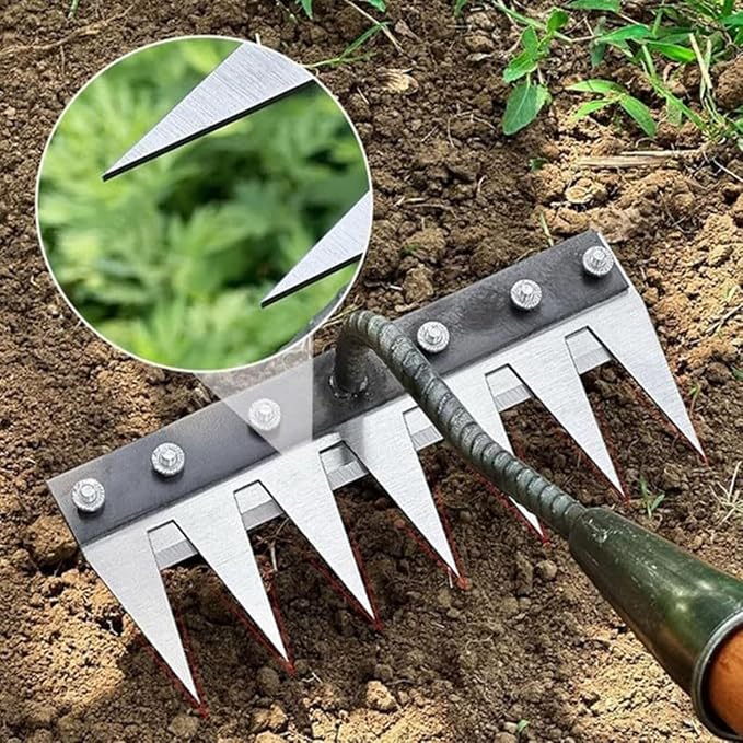 Gardenia Iron Weeding Rake 2.0, IronRake The Heavy-Duty Iron Weeding Rake, 5/6/7/8 Teeth Hand Weeder Tools for Lawn Yard and Garden Farm Uprooting (7 Teeth)