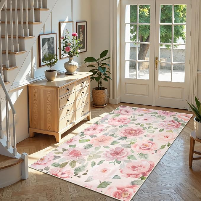 Lahome Beige Multi Floral Washable Rug 3x5 for Entryway and Bathroom | Soft Bedroom Rug, Ultra-Thin Home Decor Small Carpet for Kitchen, Kids Room, Office, College Dorm