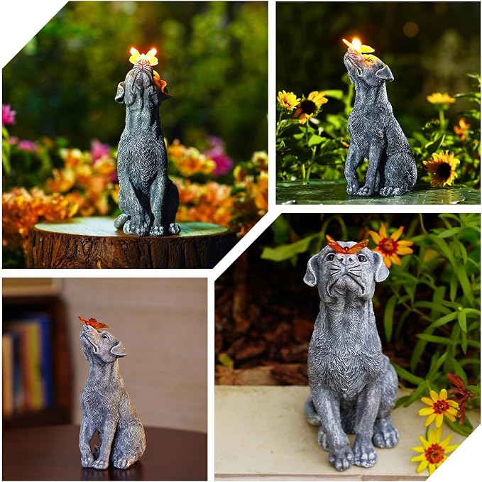 Dog Statue with Solar Butterfly Garden Decor | Ideal gifts for mom, dad or birthdays, beautifully crafted outdoor decorations to wow your guests