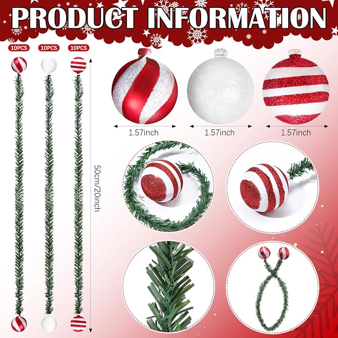 Dingion 30 Pcs 20 Inches Christmas Garland Ties with Balls Decorative Twist Ties for Banister Stairs Railing Reusable Flexible Twist for Home Xmas Holiday Decor Gift Craft Wrapping(Red White Stripe)