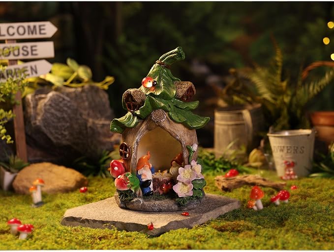Outdoor Fairy House Garden Statues Accessories with Solar Lights Gnomes Gardening Birthday Gifts for Women Mom Grandma, House Sculpture Figurine Outside Garden Decorations for Yard Patio Porch Decor