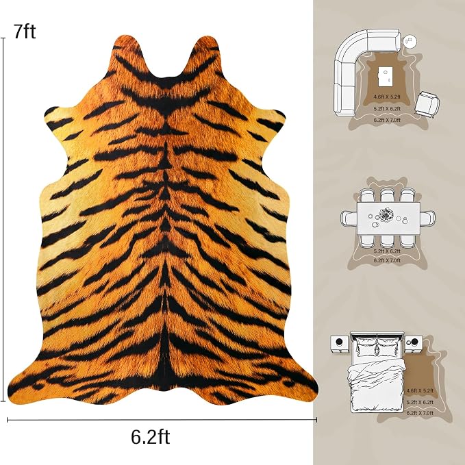 AROGAN Premium Tiger Print Rug, Faux Animal Hide Rugs, Non-Slip 6.2x7 Ft | Machine Washable Animal Print Hide Leopard Skin Area Rug for Bedroom Living Room Home Decor Pet Friendly