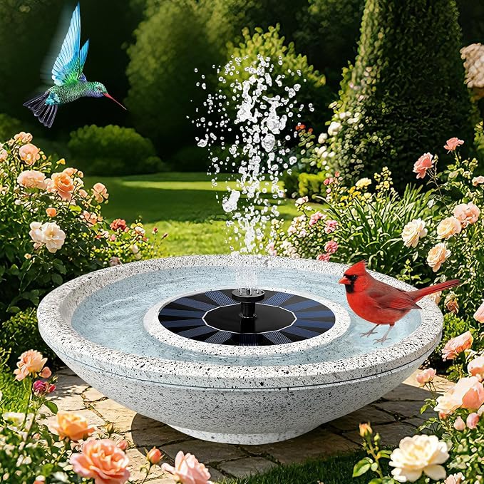 Solar Fountain Bird Bath of Outside Faux Rock Granite Look 12.5" Tabletop Water Bowl with 6 Nozzles Bird Bath Bubbler for Hummingbird Wild Birds Outdoors Garden Patio Lawn