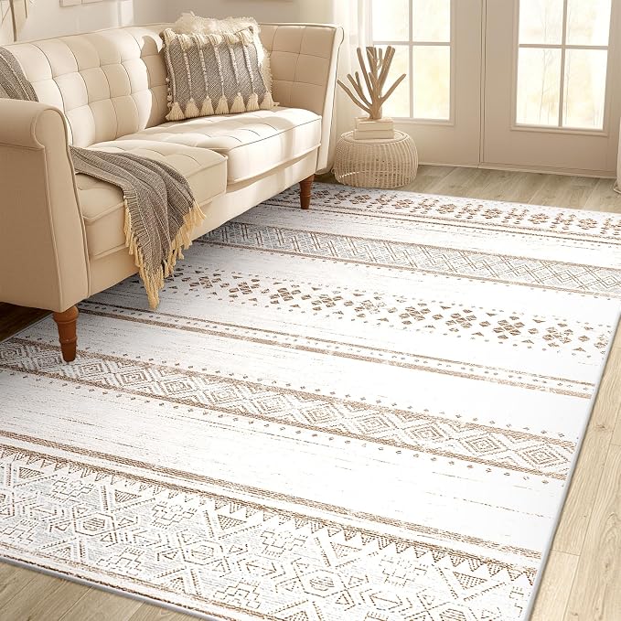 4x6 Washable Area Rugs for Living Room Boho Bedroom Rug Cream/Brown/Pink | Vacuum Friendly, Machine Washable, Non-Slip Rug, Stain Resistant, Moroccan Geometric, Low Pile Carpet, Dining Room Kitchen