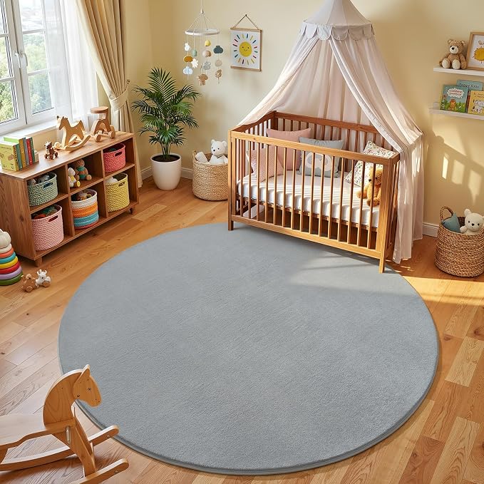 Amearea Grey Round Area Rugs 4ft Circle Rugs for Bedroom Living Room | Washable Fluffy Indoor Thickened Memory Foam Rug, Non Slip Minimalist Circular Carpet for Boys Girls Dorm Nursery Room Decor