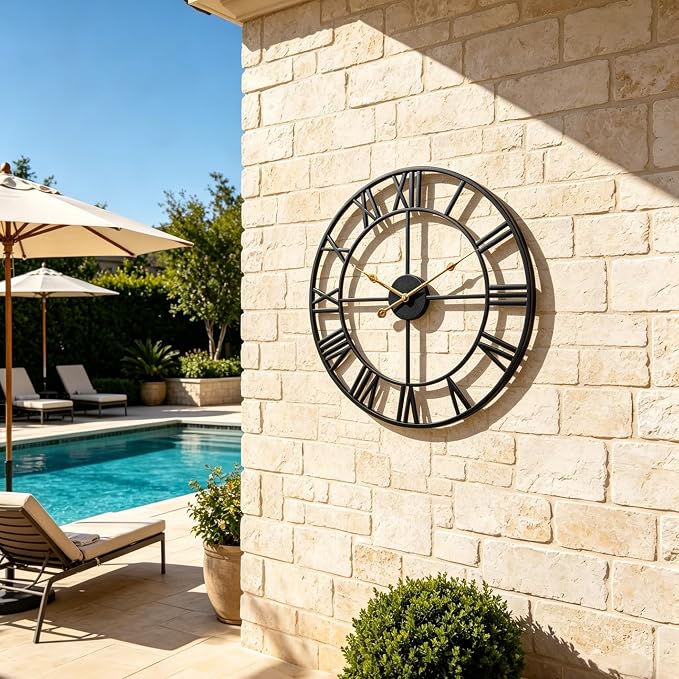 14 Inch Outdoor Clock for Patio Waterproof, Large Poolside Wall Clock, Vintage European Industrial Skeleton Metal Outdoor Wall Clock, Silent Battery Operated Garden Clock for Backyard Fence Porch